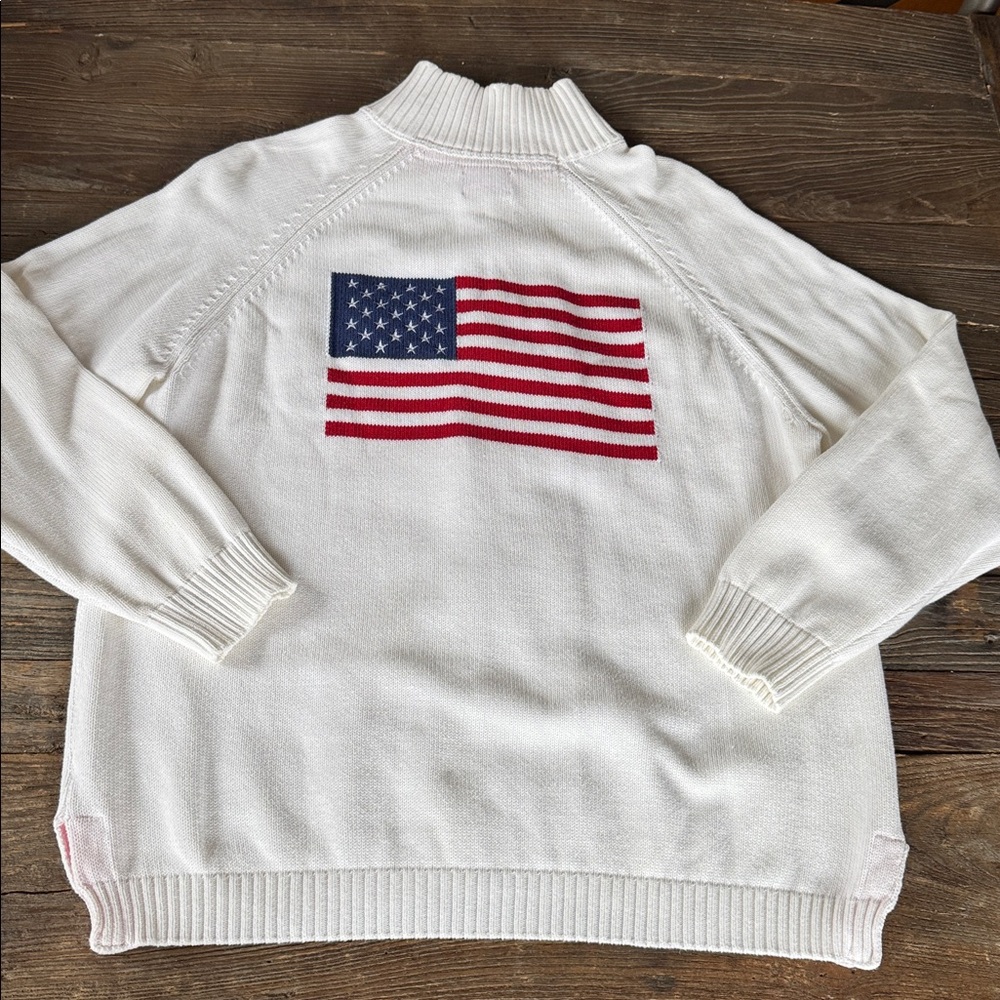 Pink Pineapple white cotton American Flag 3/4 zip popover boxy sweater  OS